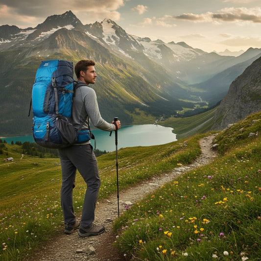 Randonneur face à un lac de montagne avec un sac à dos de randonnée bleu